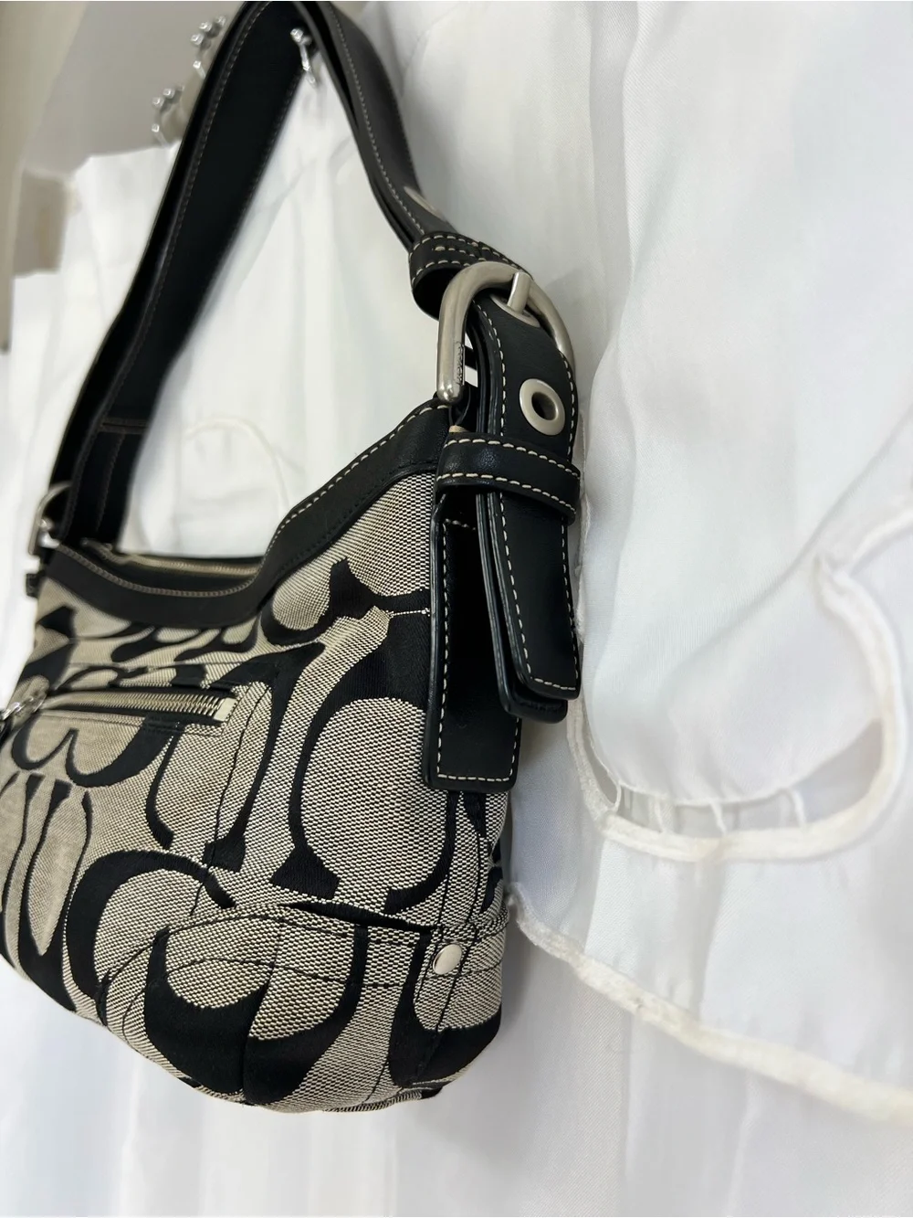 Vintage Y2K Coach F13080 Signature C Jacquard Black Shoulder Bag